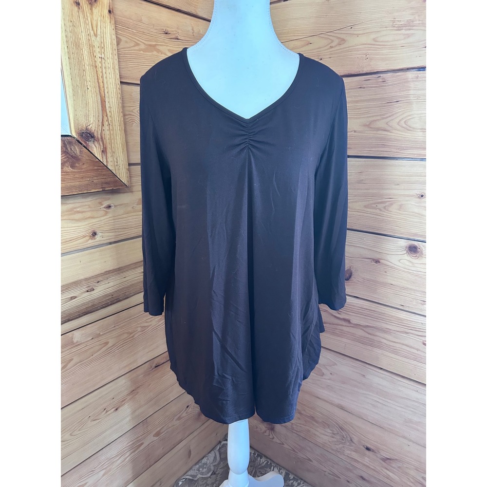 Blue Sky Clothing Co Bamboo Modal Tunic Top Brown Ruched V-Neck‎ Split Back M